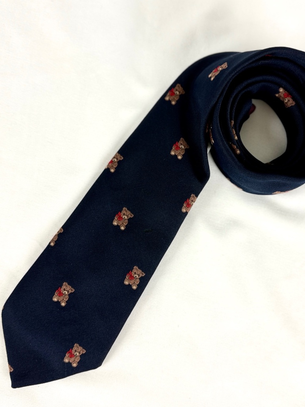 Vintage Dartmouth Coop Necktie Embroidered Teddy Bear Navy Blue Preppy Tie EUC